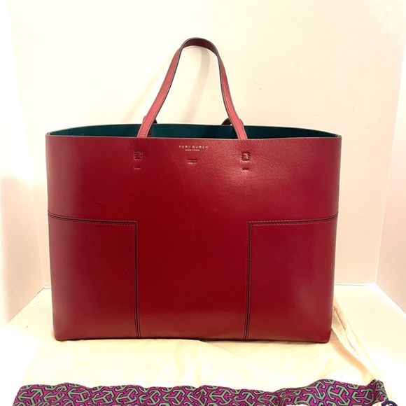 Tory Burch T Block Tote,”Imperial Garnet, with Leather Removable Pouch with logo - Picture 16 of 16